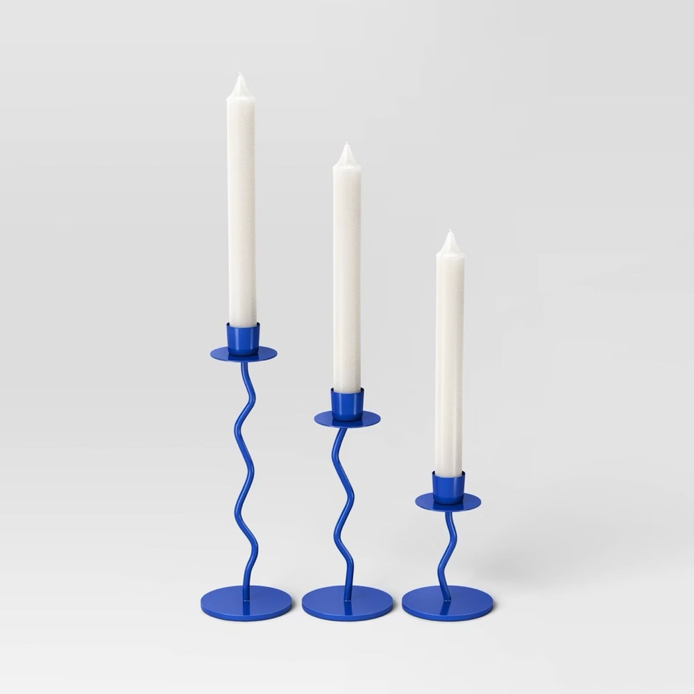 Set of 3 Blue Wavy Candle stick Holders